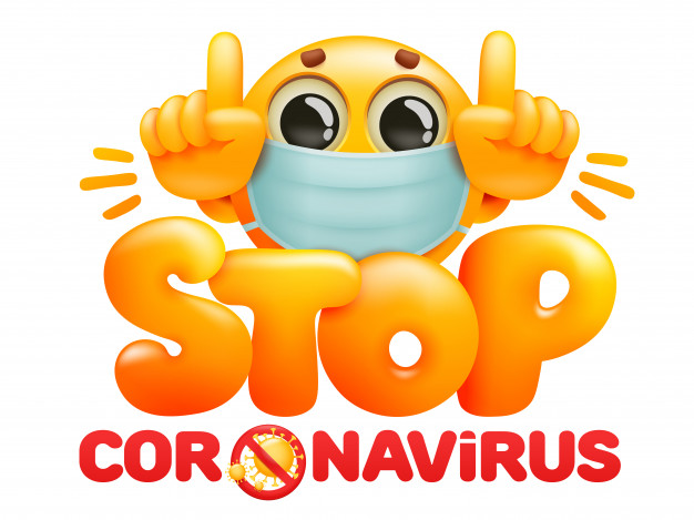 ferma la frase scritta per la consapevolezza del coronavirus 2019 ncov personaggio dei cartoni animati giallo di sorriso in mascherina medica 106878 449